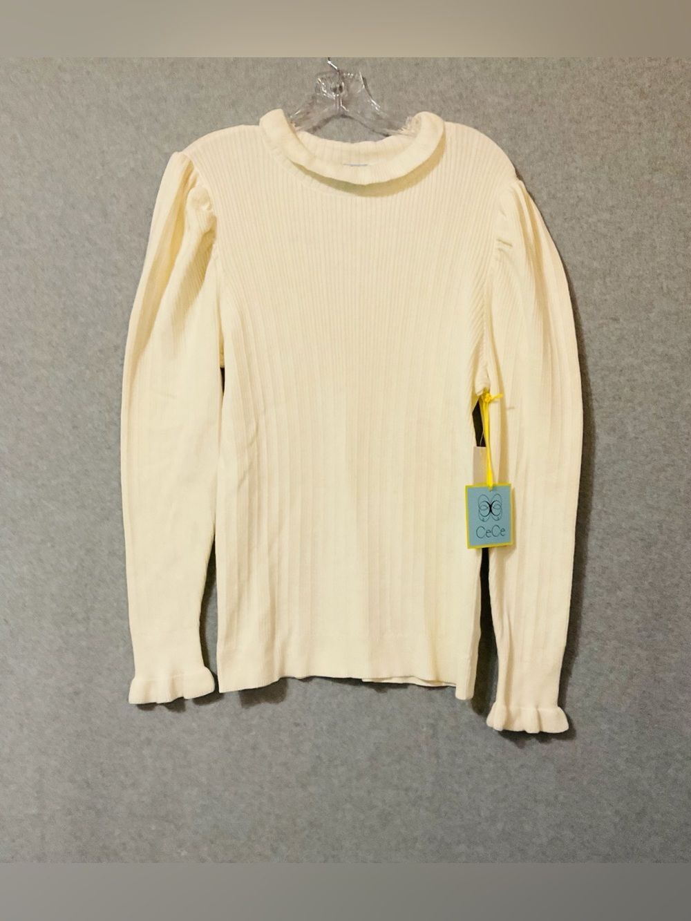 CeCe Cream Ribbed Ruffle-Trim Sweater Sz XL